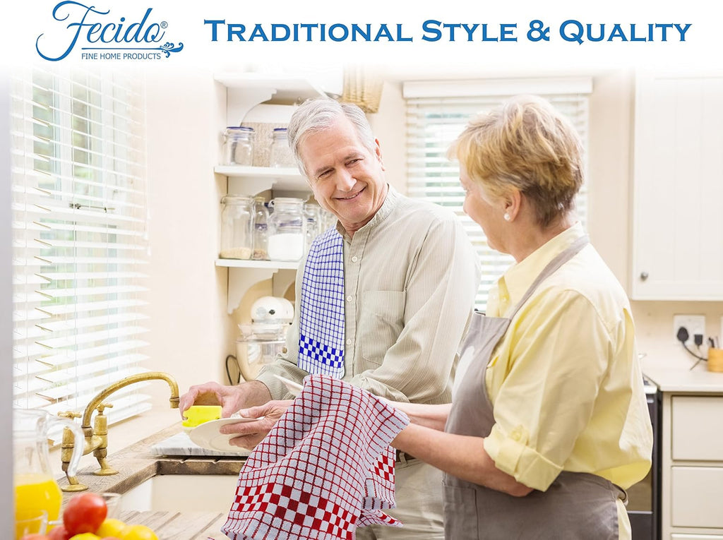Fecido Classic Kitchen Dish Towels with Hanging Loop - Heavy Duty Absorbent Dish Clothes - European Made 100% Cotton Tea Towels - Set of Two, Red