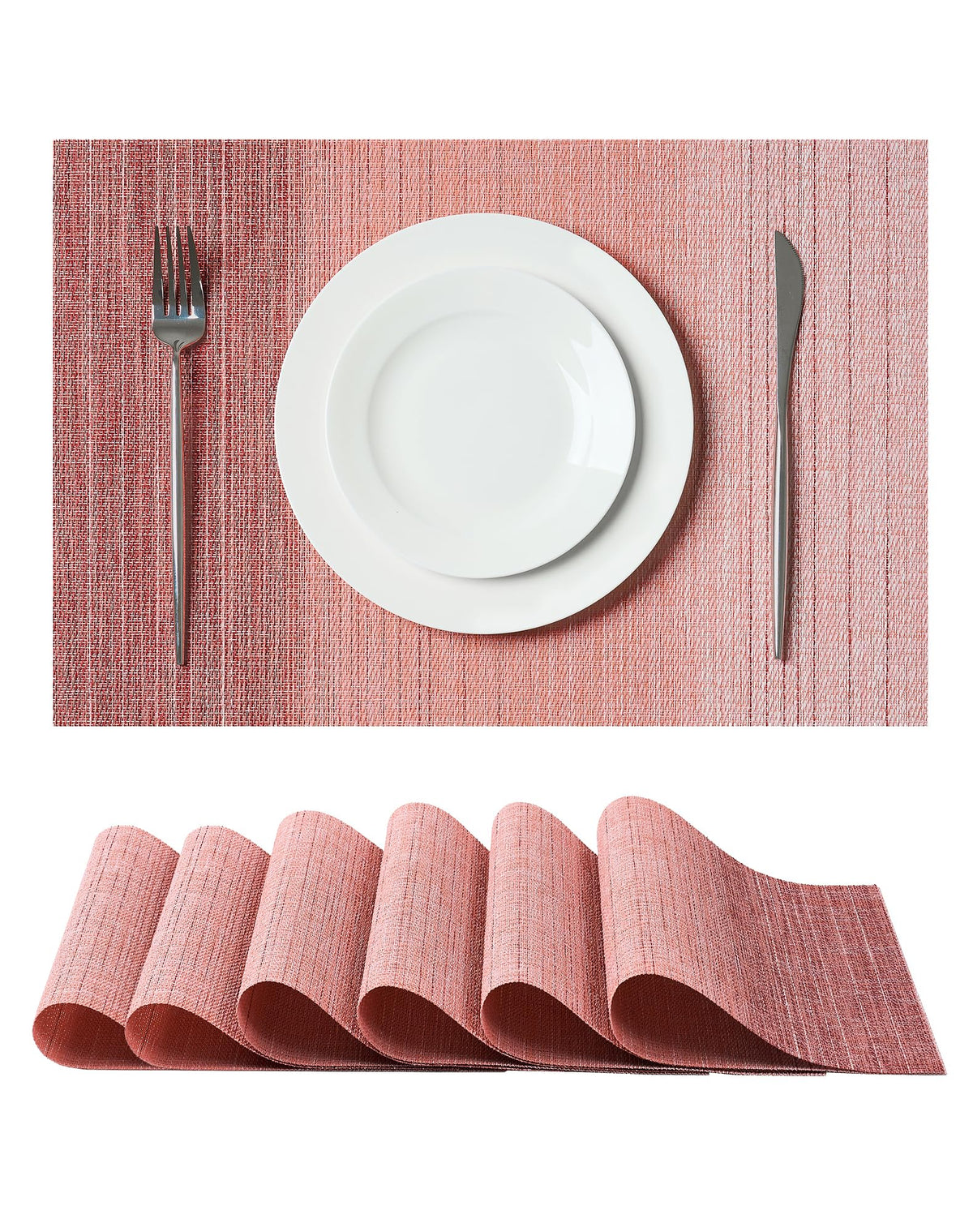 Beige Placemats Set of 6 - Heat-Resistant, Non-Slip Table Mats, Washable Woven Vinyl for Indoor & Outdoor Dining