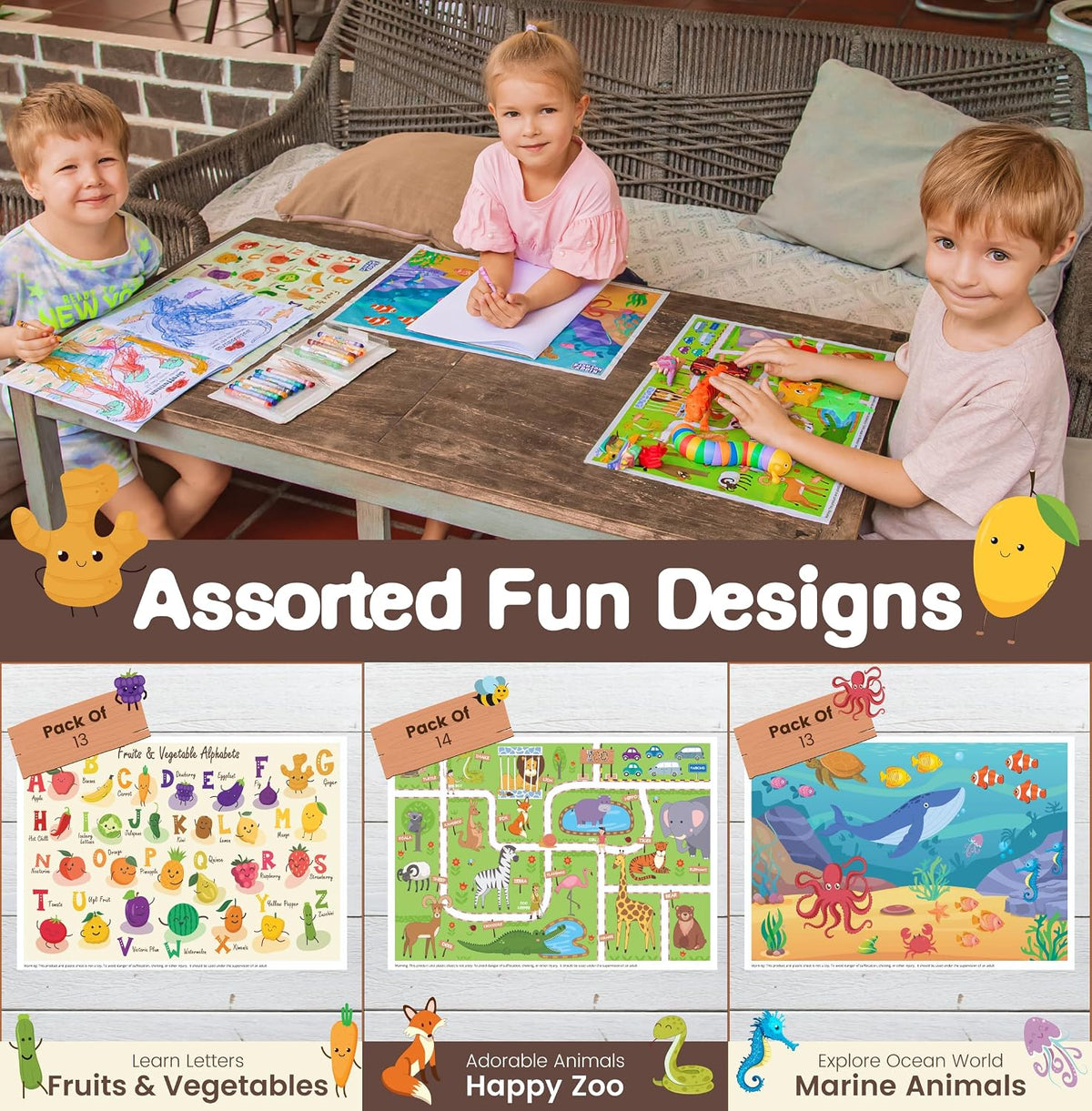 40 Pack Waterproof Disposable Placemats for Baby, Place mats for Kids, Toddler - Kids Placemats for Dining Table Tyke, Restaurants, and Travel (Aquarium, Alphabet and Zoo Theme)