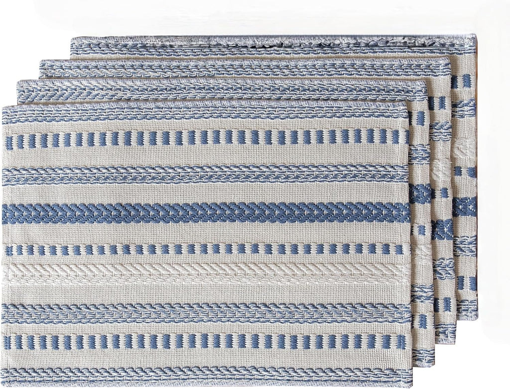 Caflife Boho Placemats Set of 4, Blue Beige Cotton Linen Woven Place Mats
