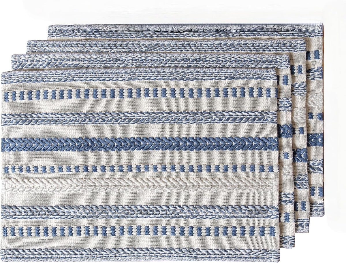 Caflife Boho Placemats Set of 4, Blue Beige Cotton Linen Woven Place Mats
