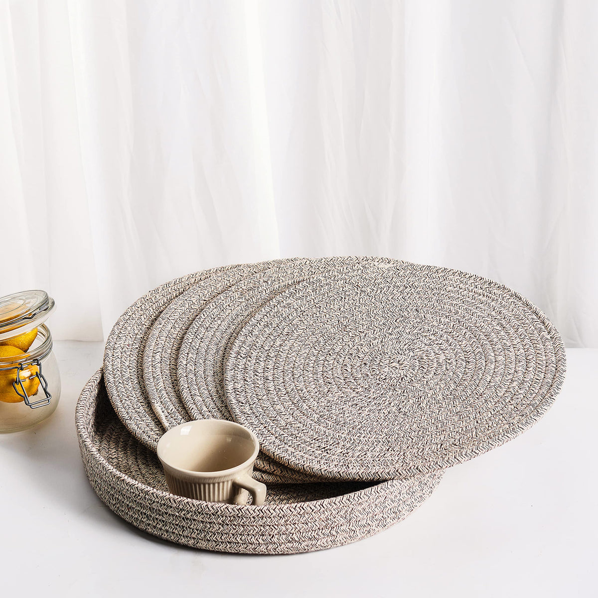 5-Piece Round Cotton Rope Placemats & Holder, Off White