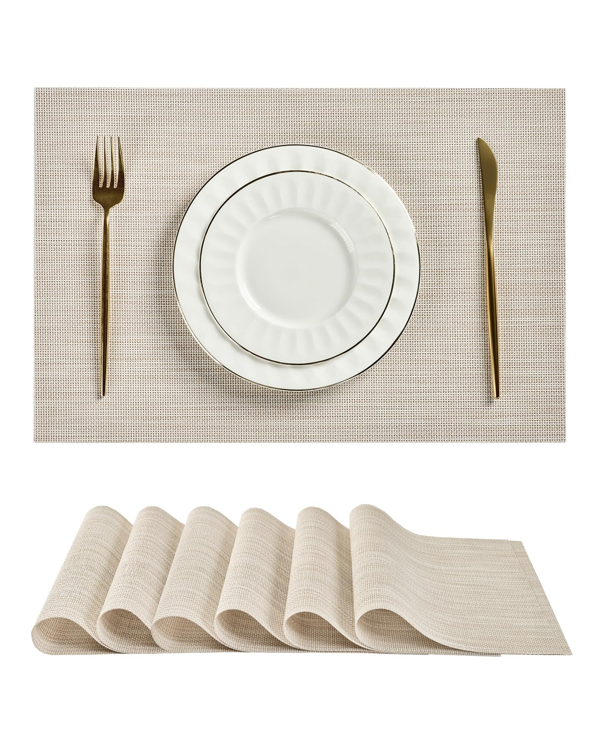 Beige White Placemats Set of 4 - Heat Resistant Non-Slip Place mats for Dining Table, Washable Durable PVC Vinyl Woven Table Mats(Beige White, 4)