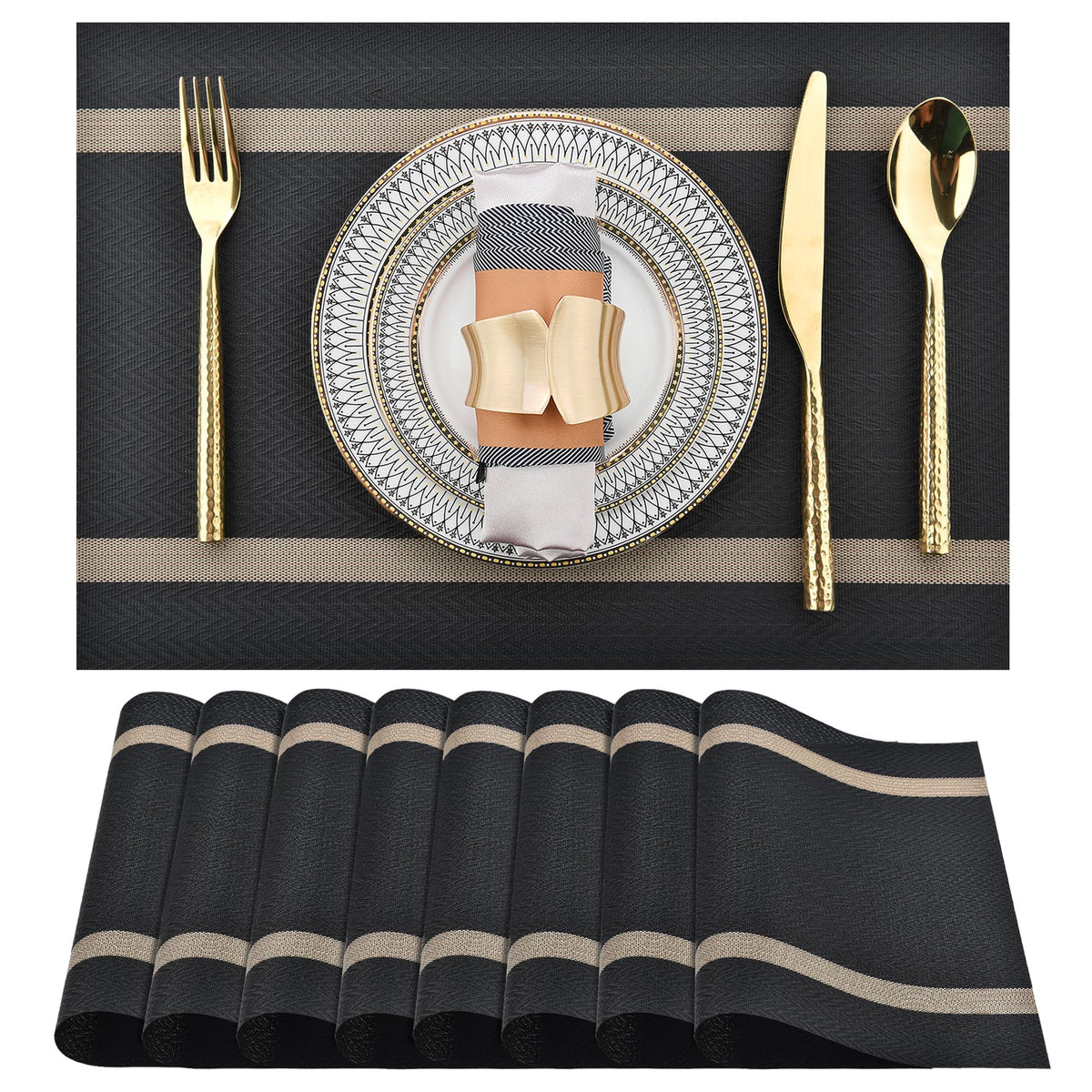 SLKQG Navy Blue Placemats Set of 6 - Easy Clean Washable Vinyl Placemats - Wipeable Heat Resistant Table Mats for Dining Table - 17x12 Inch (Navy Blue, 6)