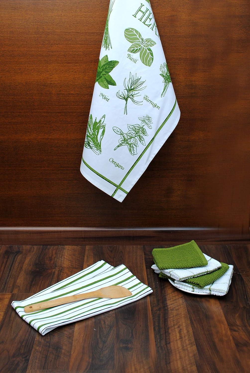 AMOUR INFINI Cotton Kitchen Towels and Dishcloths 6 Piece - 4 Terry Dishcloths (12” x 12”) and 2 Cotton Kitchen Towels (28” x 18”) for Gifting and Decor (Herbs Garden)