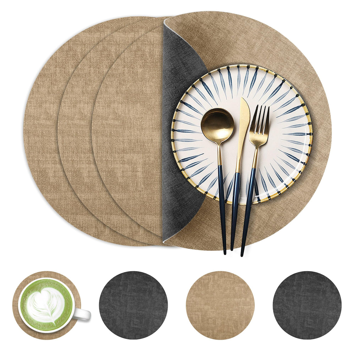 Fyvva Placemats Set of 4, 13" Round Reversible Faux Leather with Coasters