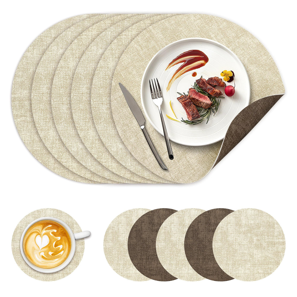 NCUE 13" Faux Leather Round Placemats Set of 6, Reversible Dual-Color