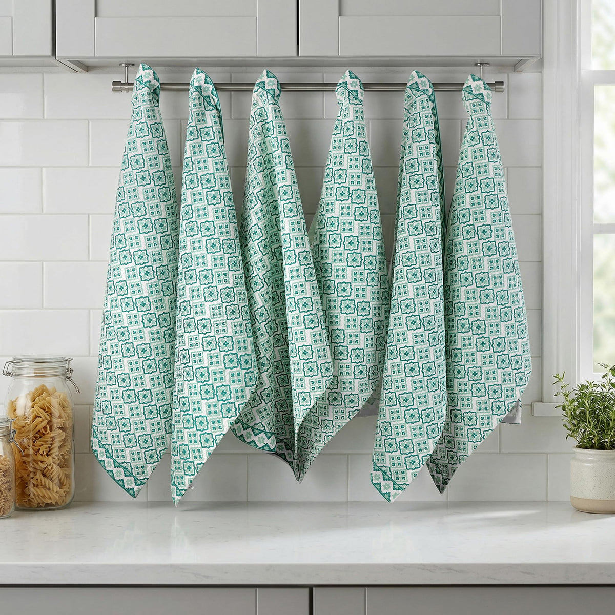 FINGERCRAFT Kitchen Towels 100% Cotton Set of 6 Tea Towel, Toile Blue