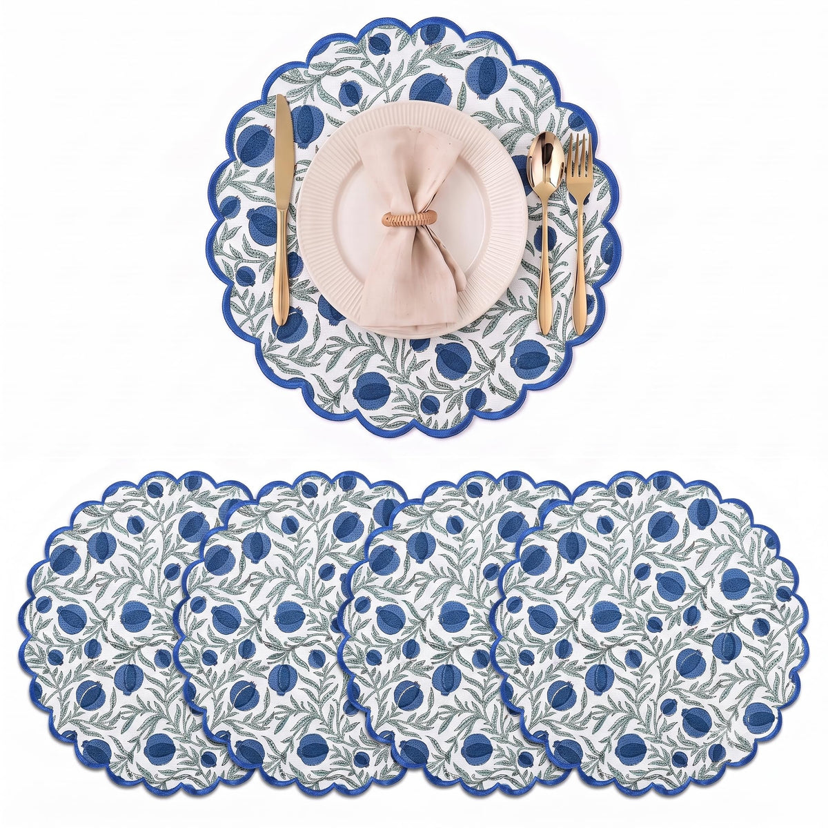 Ridhi Floral Block Print Round Placemats 15" in, Set of 4, Powder Blue