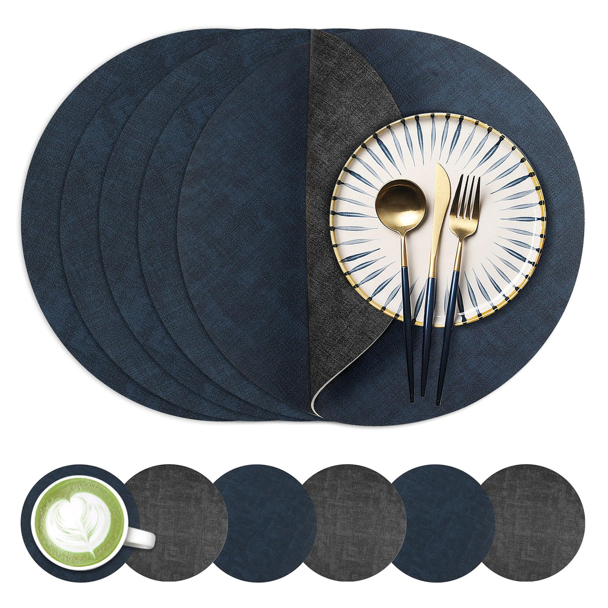 Fyvva Placemats Set of 4, 13" Round Reversible Faux Leather with Coasters