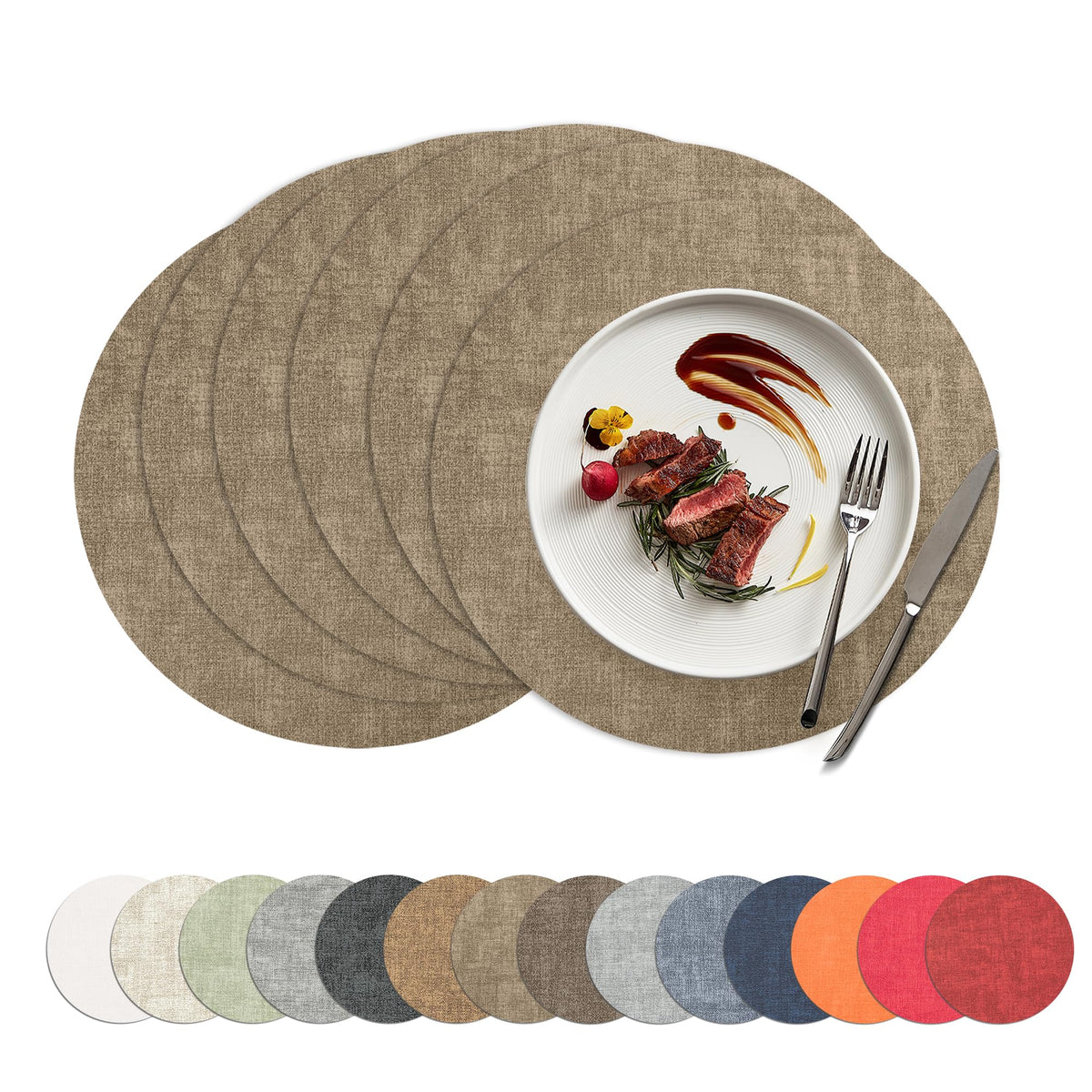 Placemats Set of 4, 15 Inch Round Faux Leather Place Mats