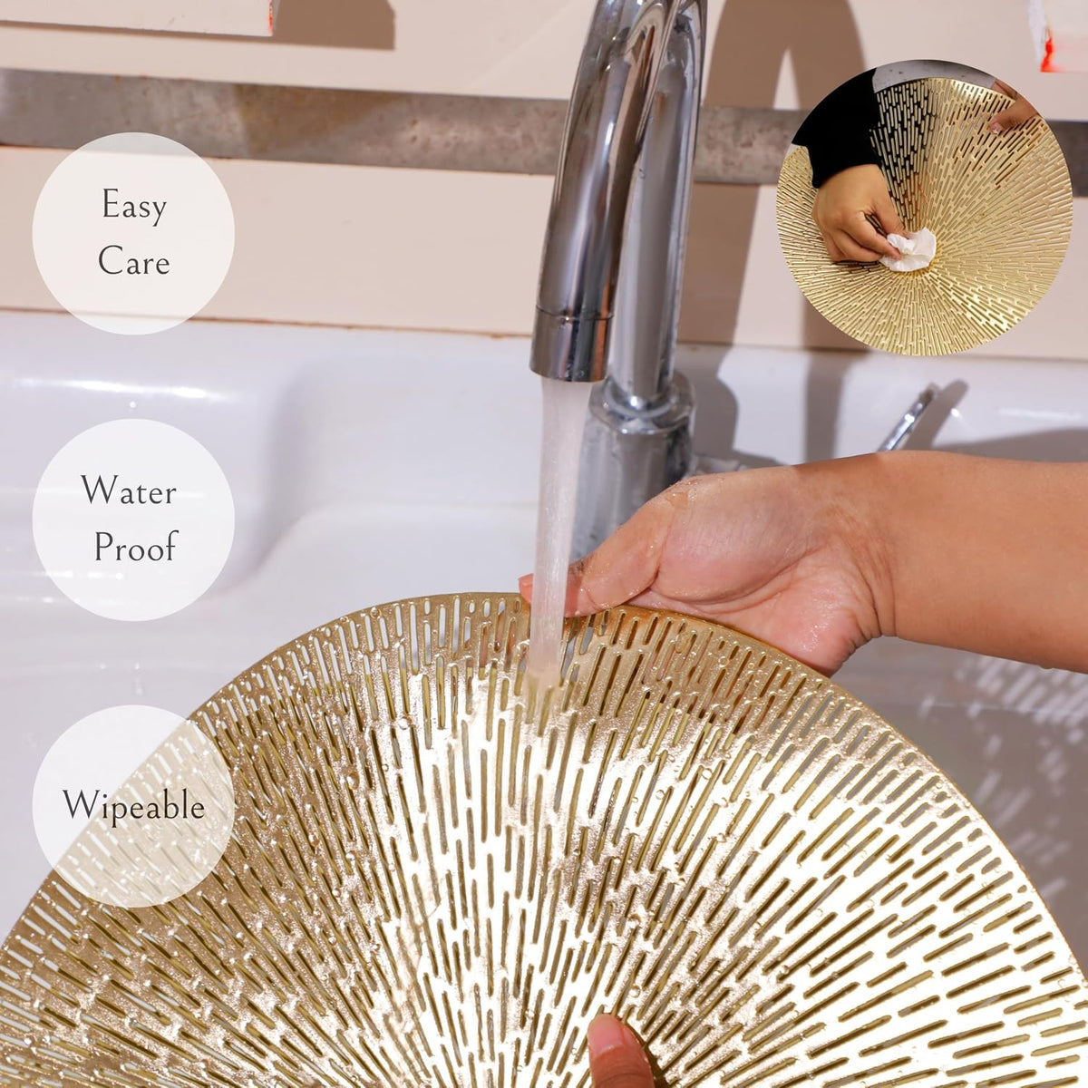 Snowkingdom Gold Placemats Round Set of 8, Gold Metallic Hollow Vinyl 15 Inch Round Placemat, Washable Wipeable Easy Clean Non Slip Stain Kitchen Dining Table Place Mats for Wedding Party Decoration