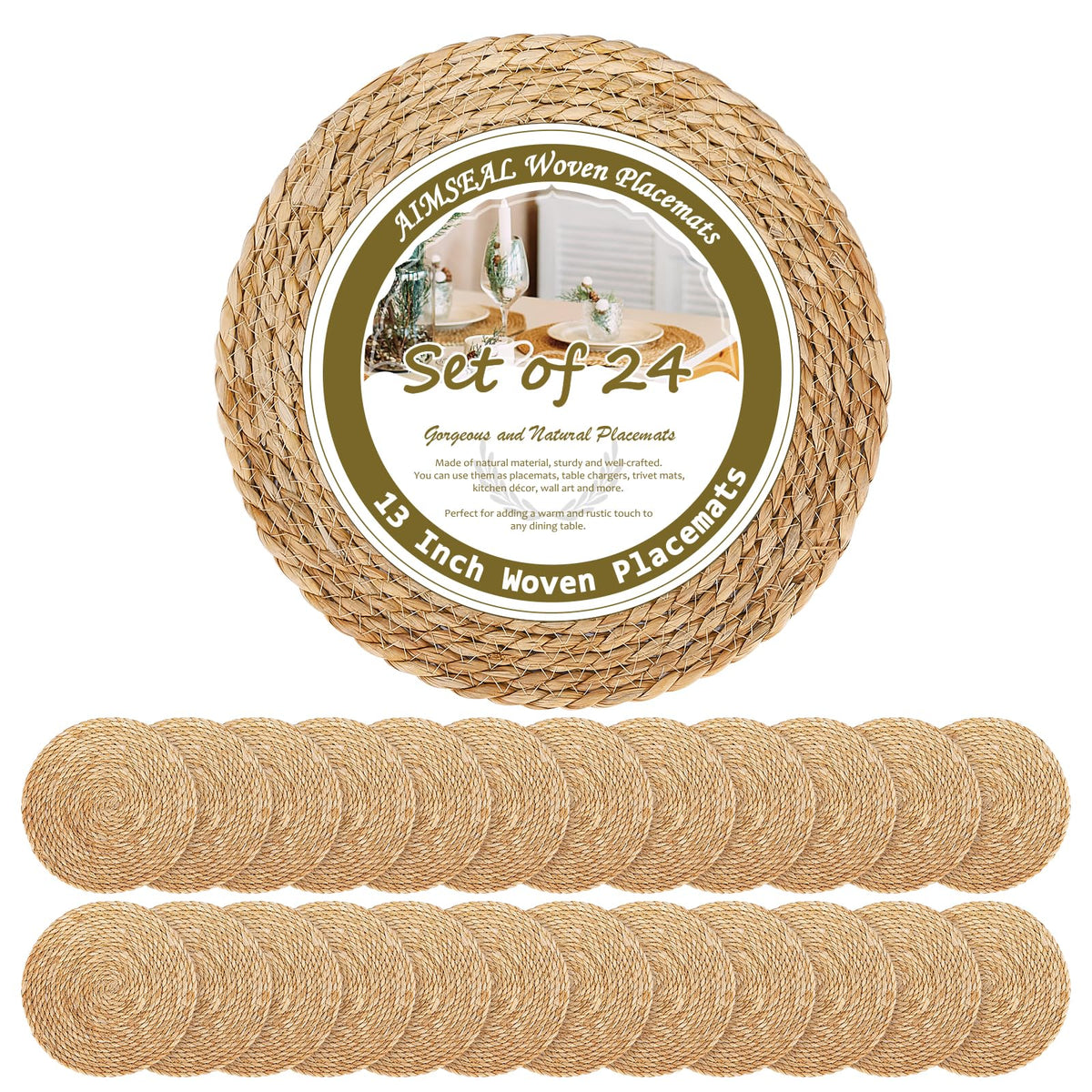 13" Round Placemats Set of 12, Rattan Place Mats for Dining Table Decor, Rustic Woven Wicker Chargers for Dinner Plates, Outdoor Patio, Farmhouse Wedding, Boho Water Hyacinth Braided Placemat