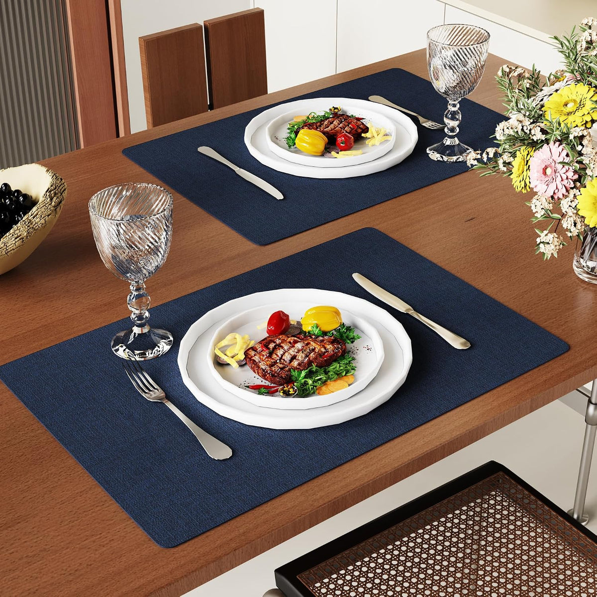 DOLOPL Placemats Set of 6, Reversible Faux Leather Place Mats, Navy Blue