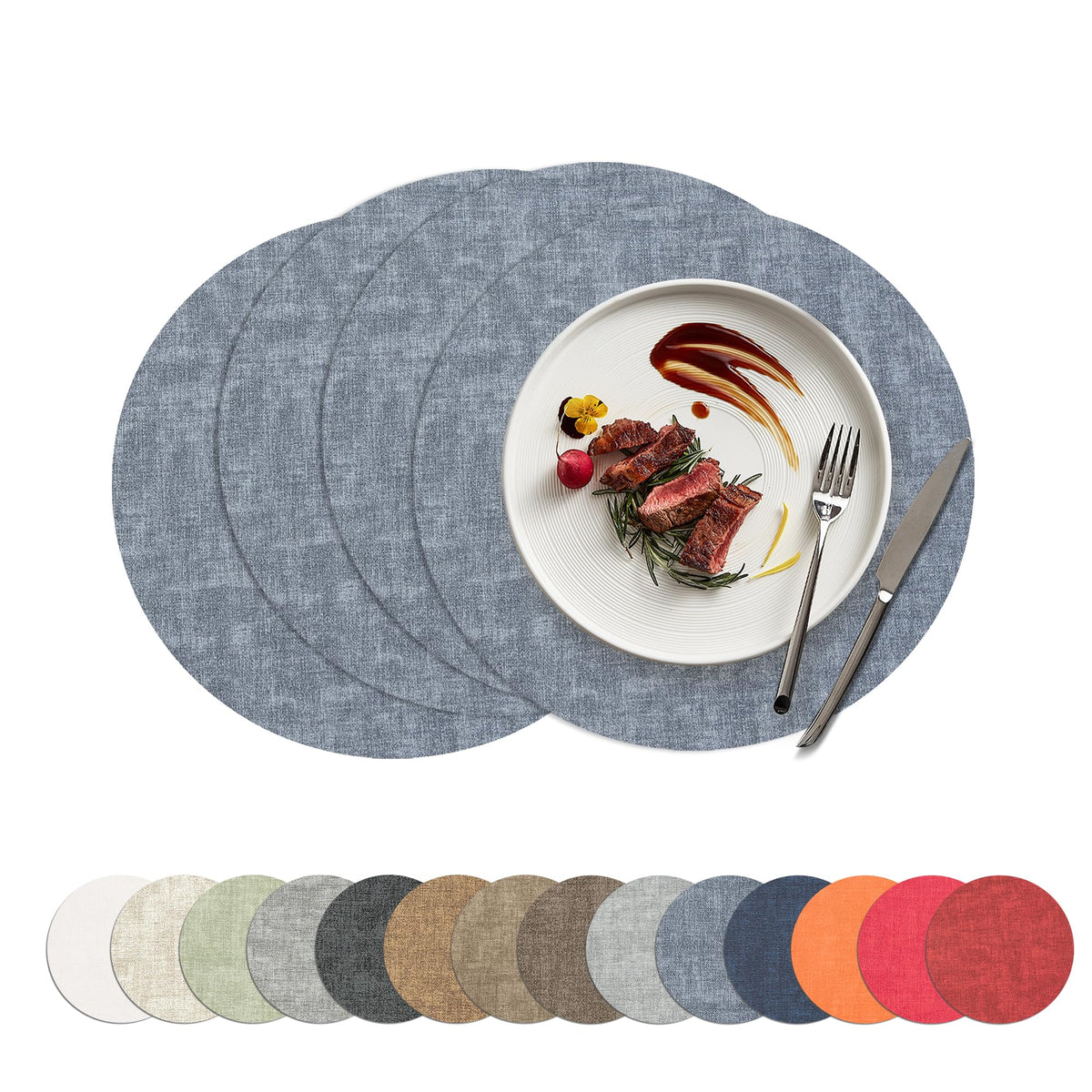 Placemats Set of 4, 15 Inch Round Faux Leather Place Mats