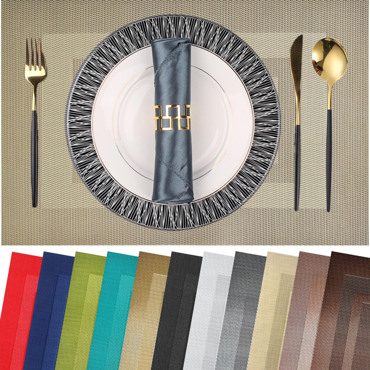 PIGCHCY Placemats,Washable Vinyl Woven Table Mats,Elegant Durable Placemats for Dining Table Set of 6 (Bamboo-Brown)