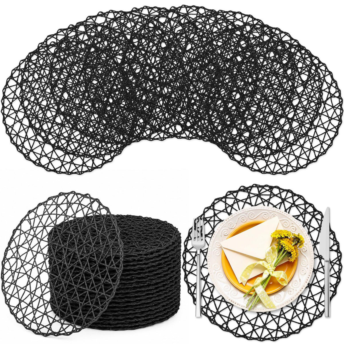 Threehoney Paper Braided Round Placemats, Set of 24, Brown, 13 in