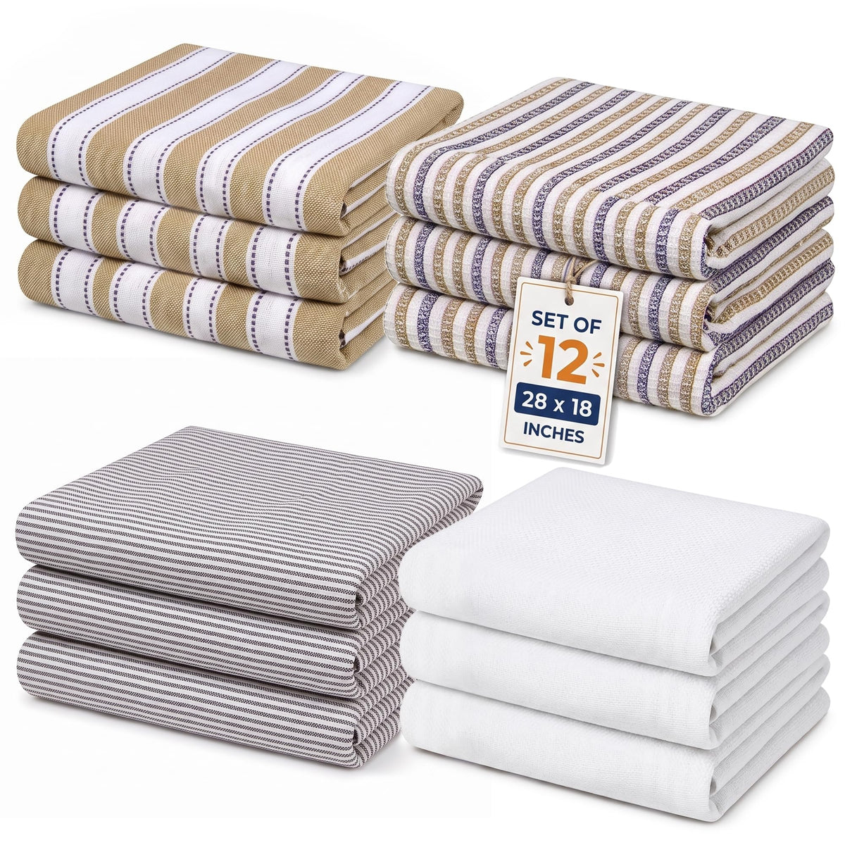 Pack of 6 Cotton Kitchen Towels Set, Dish Towels, Cleaning Rags, Kitchen Dish Cloths for Washing Dishes, Cotton Cleaning Cloths, Ultra Soft, Lightweight & Quick Dry, Flat Weave, 28"x18" (Olive & Gray)