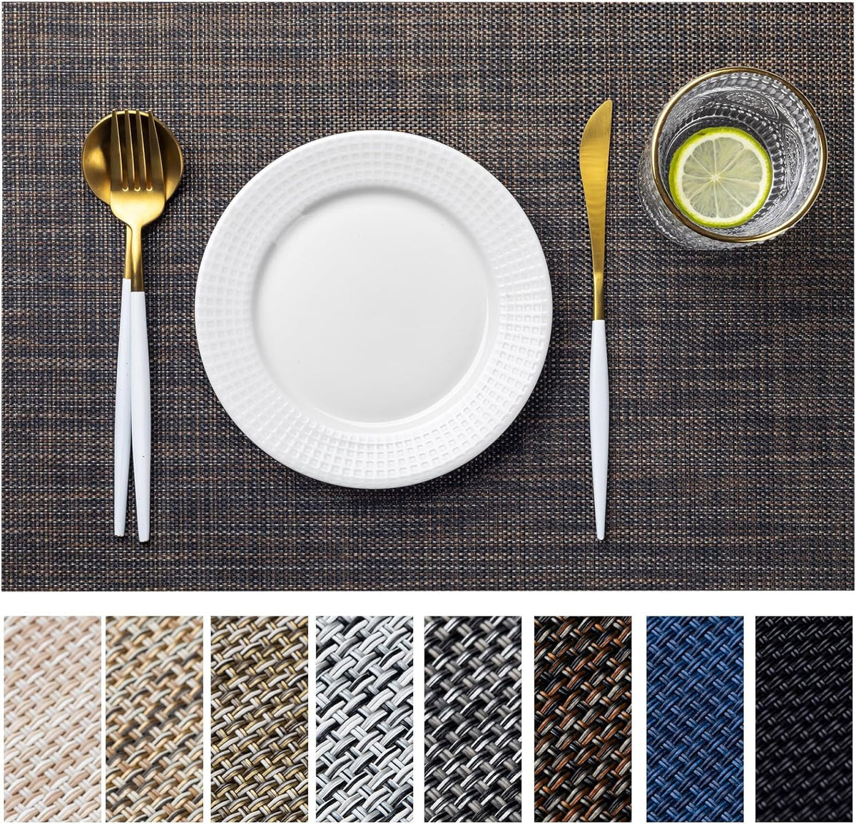 LEXMORE Placemats Set of 4 Vinyl/Plastic Woven Place Mats for Kitchen Table Indoor/Outdoor Washable Placemat Wipeable Dining Table Mats(Navy Blue)