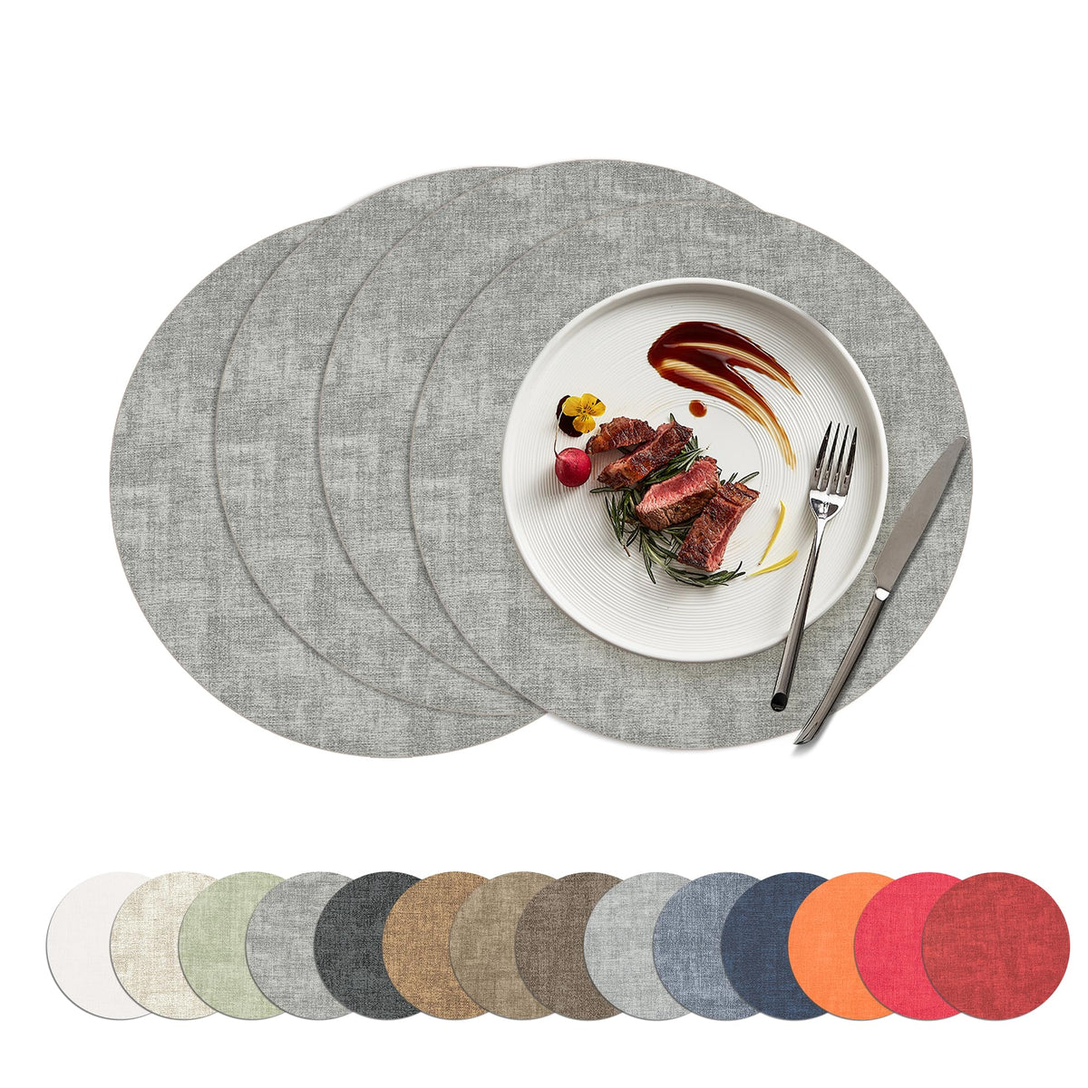 Placemats Set of 4, 15 Inch Round Faux Leather Place Mats