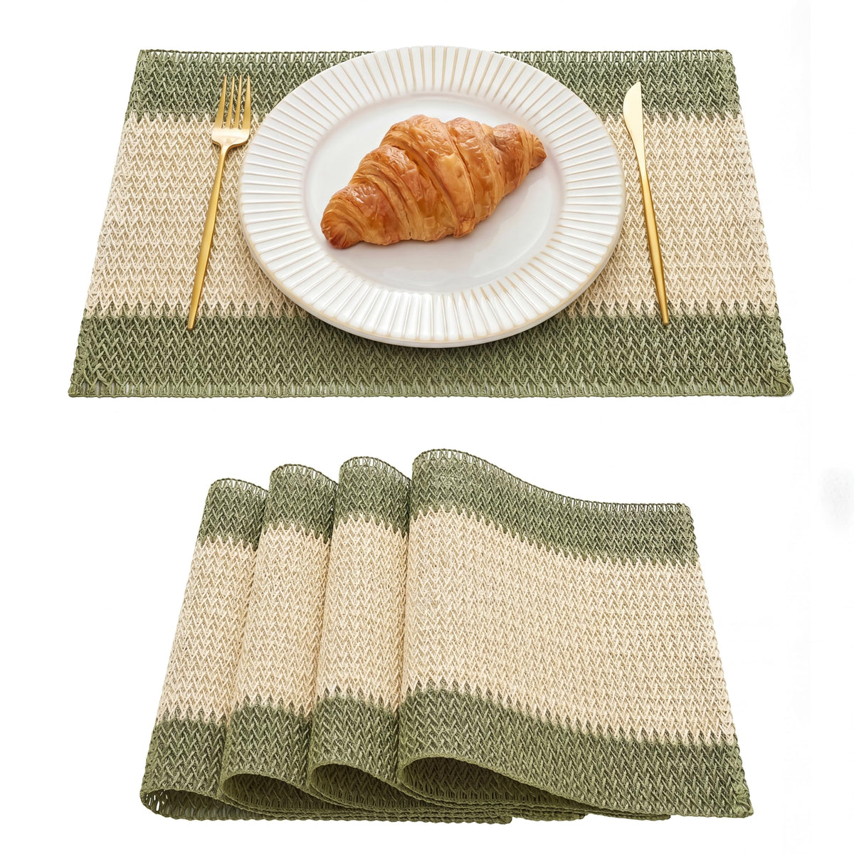 Artoid Mode Light Green Paper Woven Stripe Placemats Set of 4-12x18 Inch