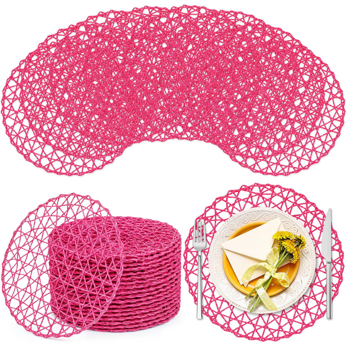 Threehoney Paper Braided Round Placemats, Set of 24, Brown, 13 in