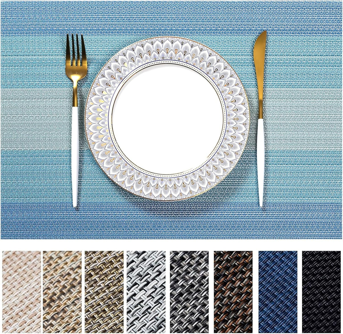 LEXMORE Placemats Set of 4 Vinyl/Plastic Woven Place Mats for Kitchen Table Indoor/Outdoor Washable Placemat Wipeable Dining Table Mats(Navy Blue)