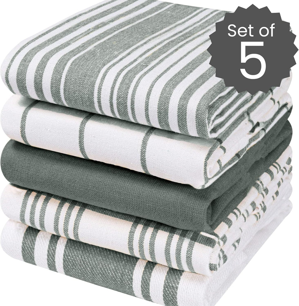 Cotton Clinic Assorted Kitchen Towels 5 Pack – Soft Absorbent Quick Drying Table & Kitchen Linen - Dish Towels, Dish Cloths, Tea Towels and Cleaning Towels with Hanging Loop – 16x28 / Grey White