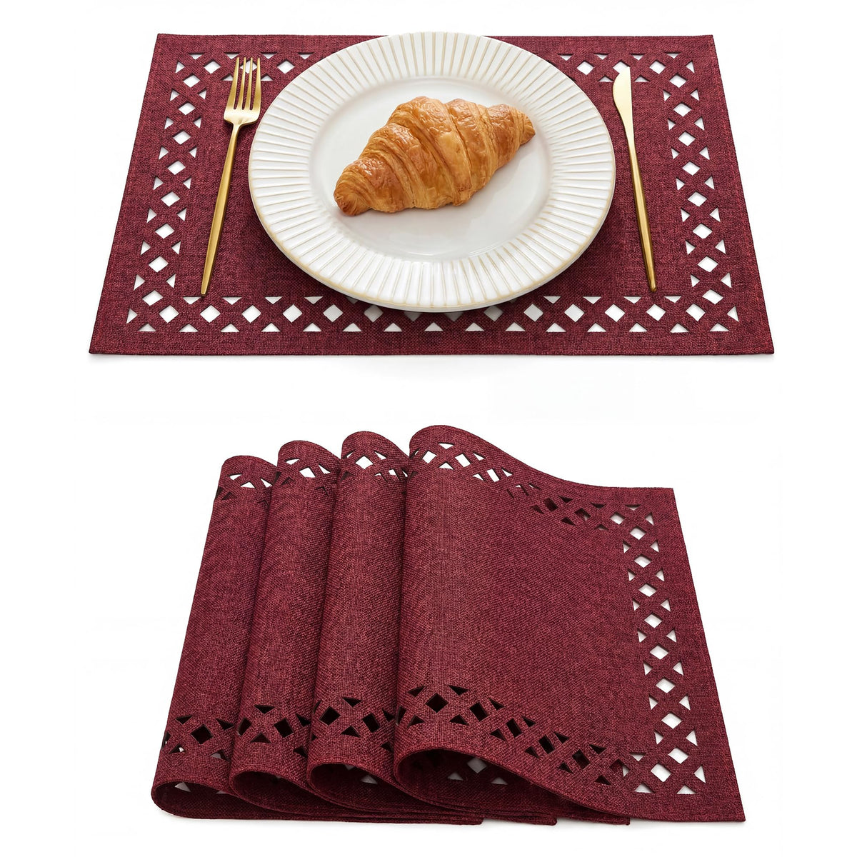 Artoid Mode Farmhouse Placemats Set of 6, Linen Textured Lattice Cutwork Fall Place Mats for Kitchen Dining Table Decor and Outdoor Party, 12 x 18 Inchs, Light Brown