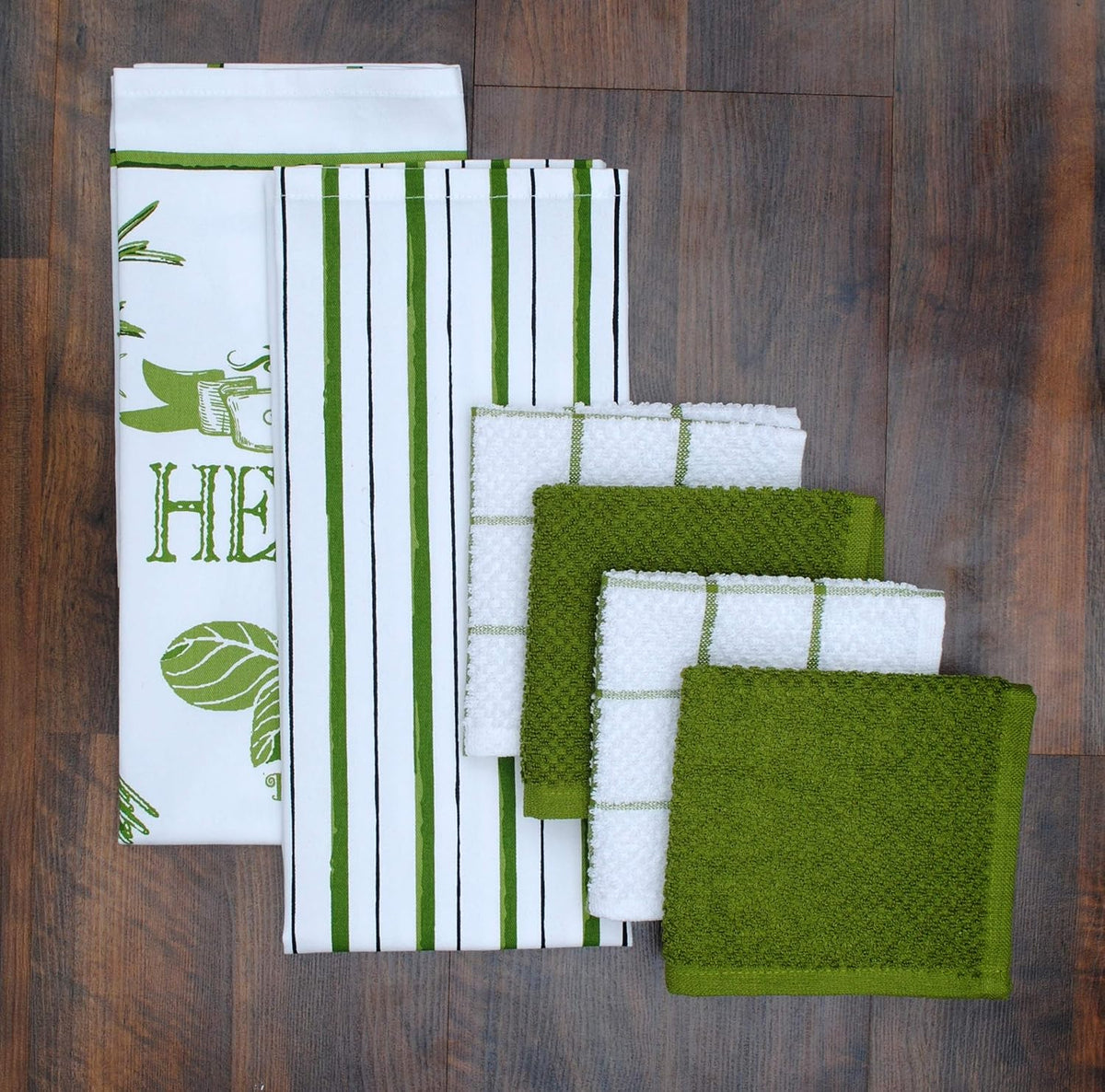 AMOUR INFINI Cotton Kitchen Towels and Dishcloths 6 Piece - 4 Terry Dishcloths (12” x 12”) and 2 Cotton Kitchen Towels (28” x 18”) for Gifting and Decor (Herbs Garden)