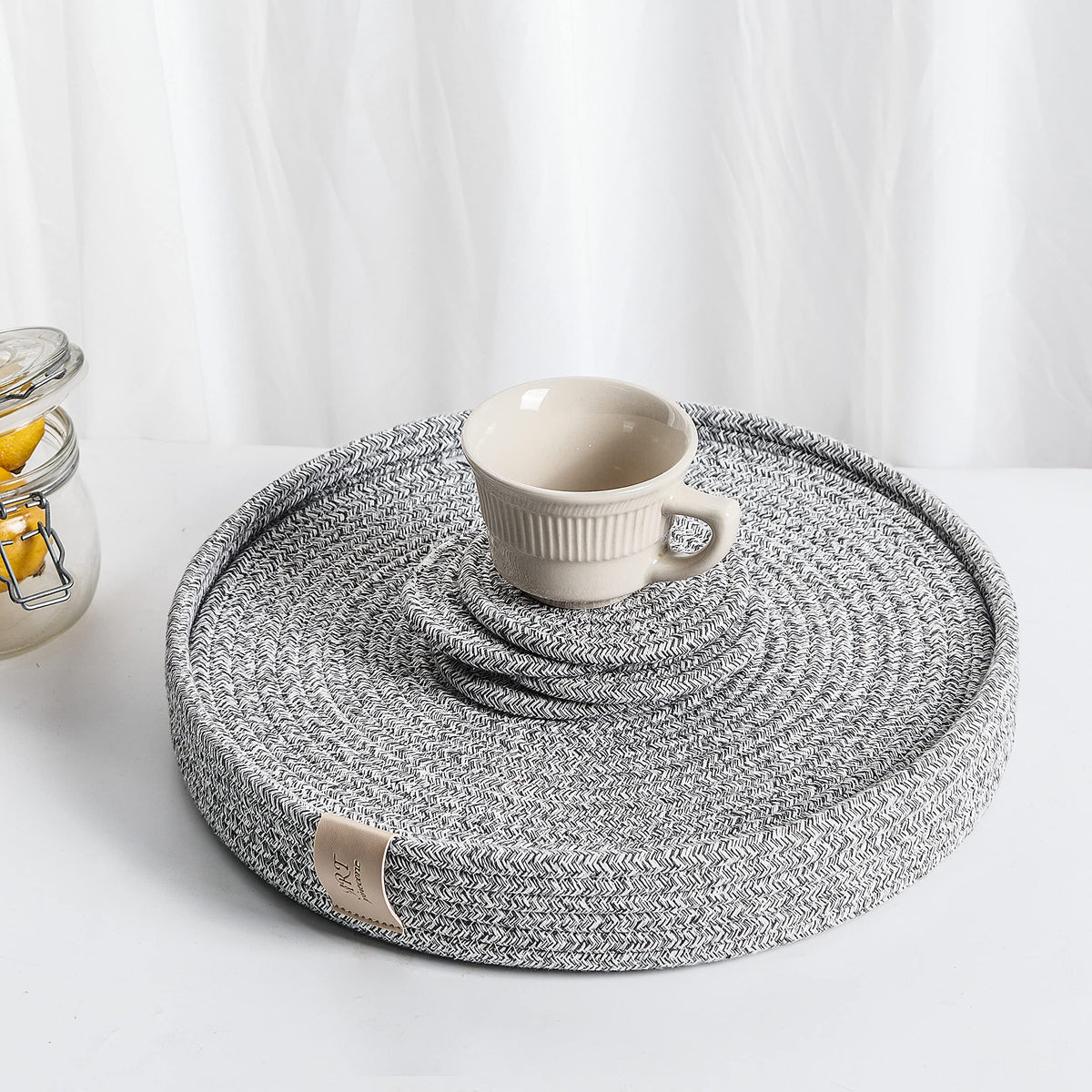 5-Piece Round Cotton Rope Placemats & Holder, Off White