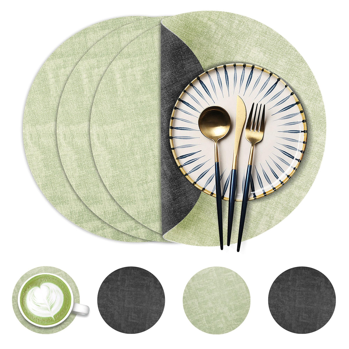 Fyvva Placemats Set of 4, 13" Round Reversible Faux Leather with Coasters