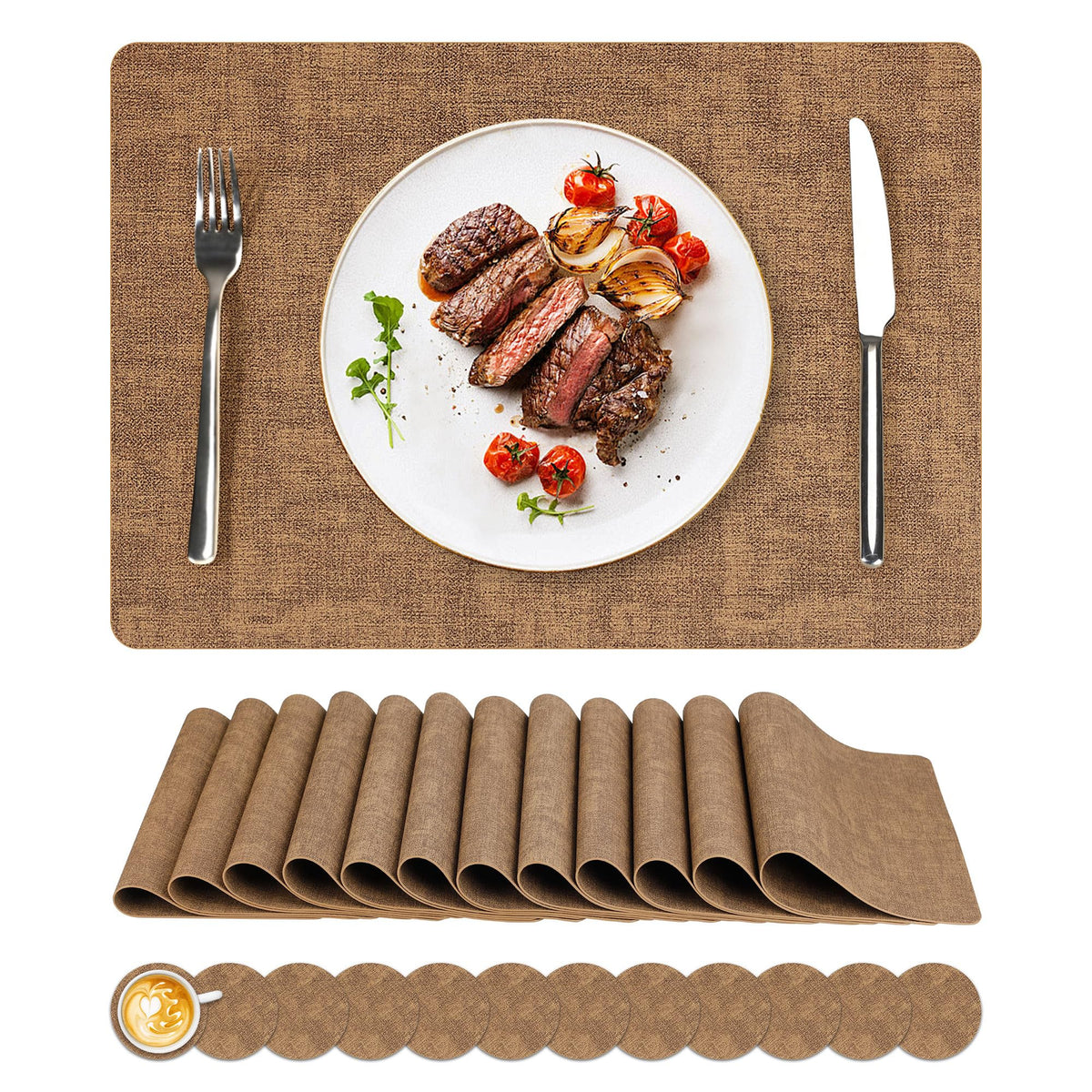 NCUE Vinyl Placemats Set of 6, 17"x12" Wipeable Place Mats with Coasters