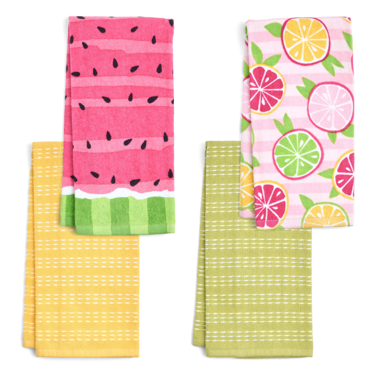 Ritz 4-Piece Kitchen Towel Set, Tomato & Olive Prints with Pine Green & Blue Textured Terry, 100% Cotton & Absorbent Blend, 16" x 26", Vintage Mediterranean Foodie Kitchen Decor