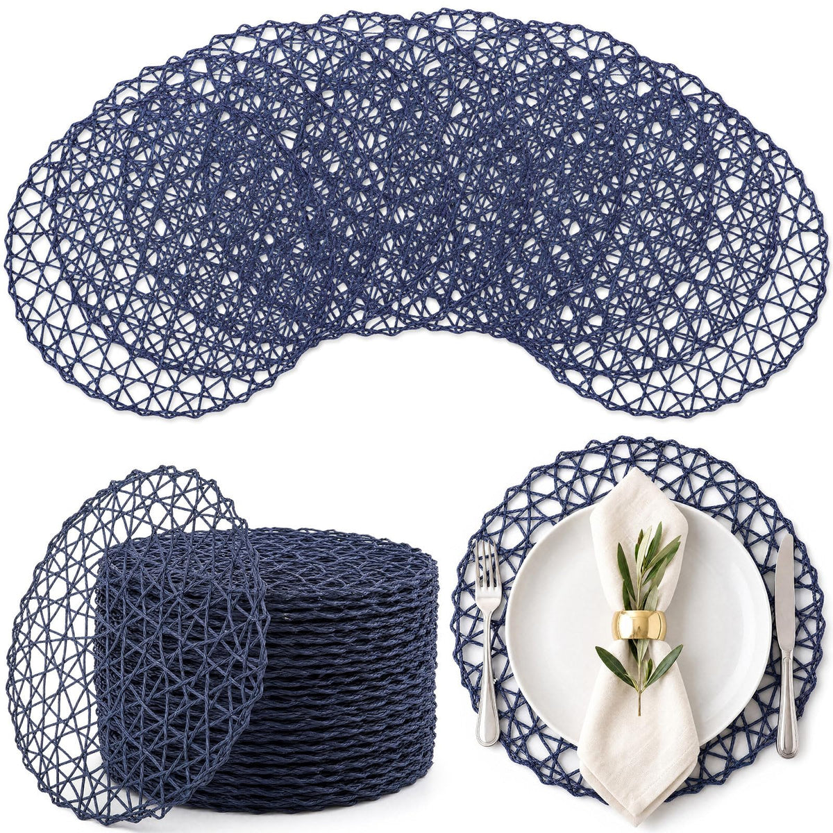 Threehoney Paper Braided Round Placemats, Set of 24, Brown, 13 in
