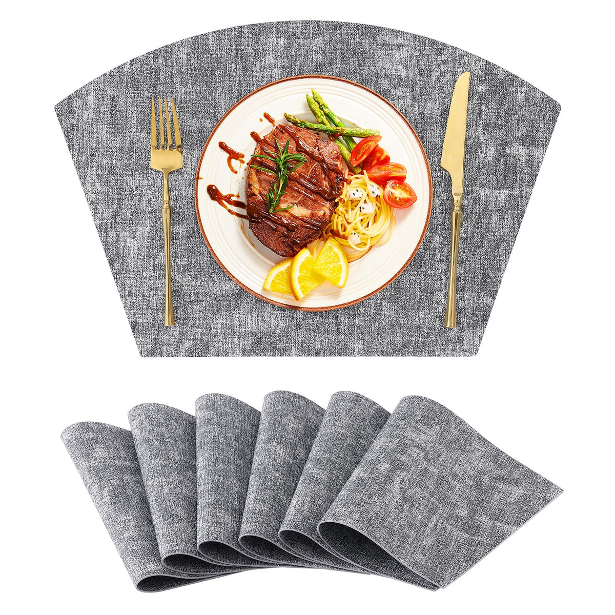 Homaxy Wedge Faux Leather Placemats for Round Table, Set of 6, Light Grey