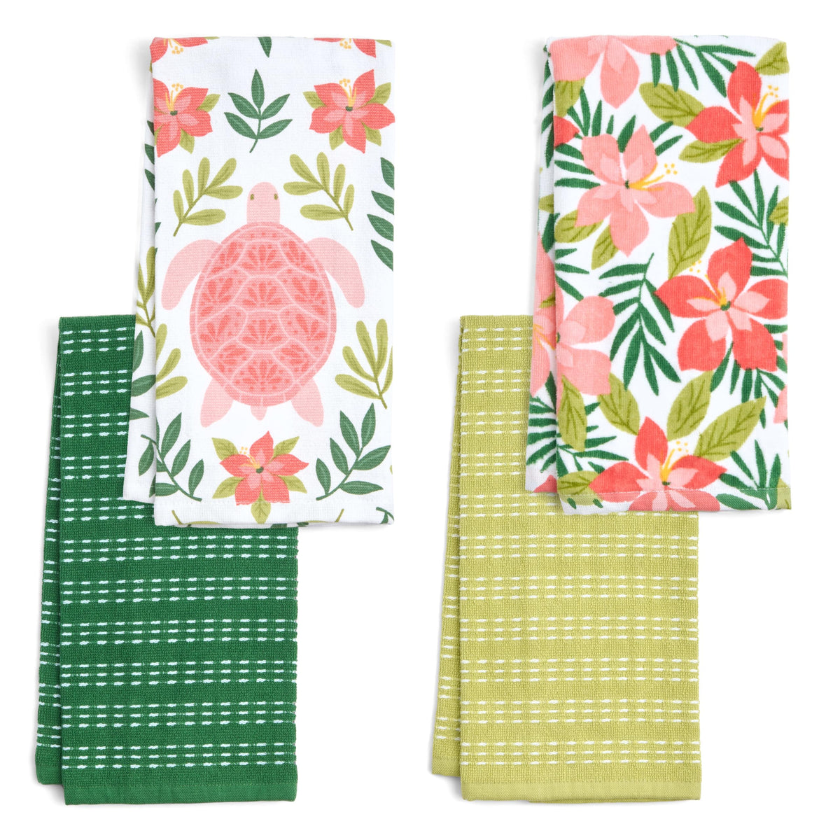 Ritz 4-Piece Kitchen Towel Set, Tomato & Olive Prints with Pine Green & Blue Textured Terry, 100% Cotton & Absorbent Blend, 16" x 26", Vintage Mediterranean Foodie Kitchen Decor