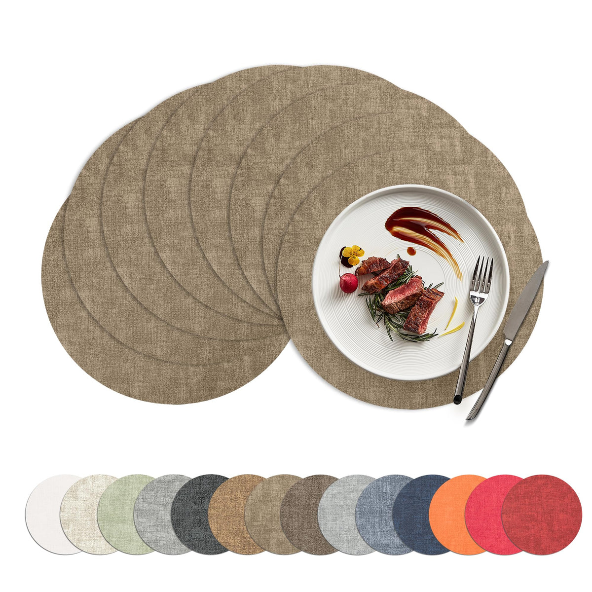 Placemats Set of 4, 15 Inch Round Faux Leather Place Mats