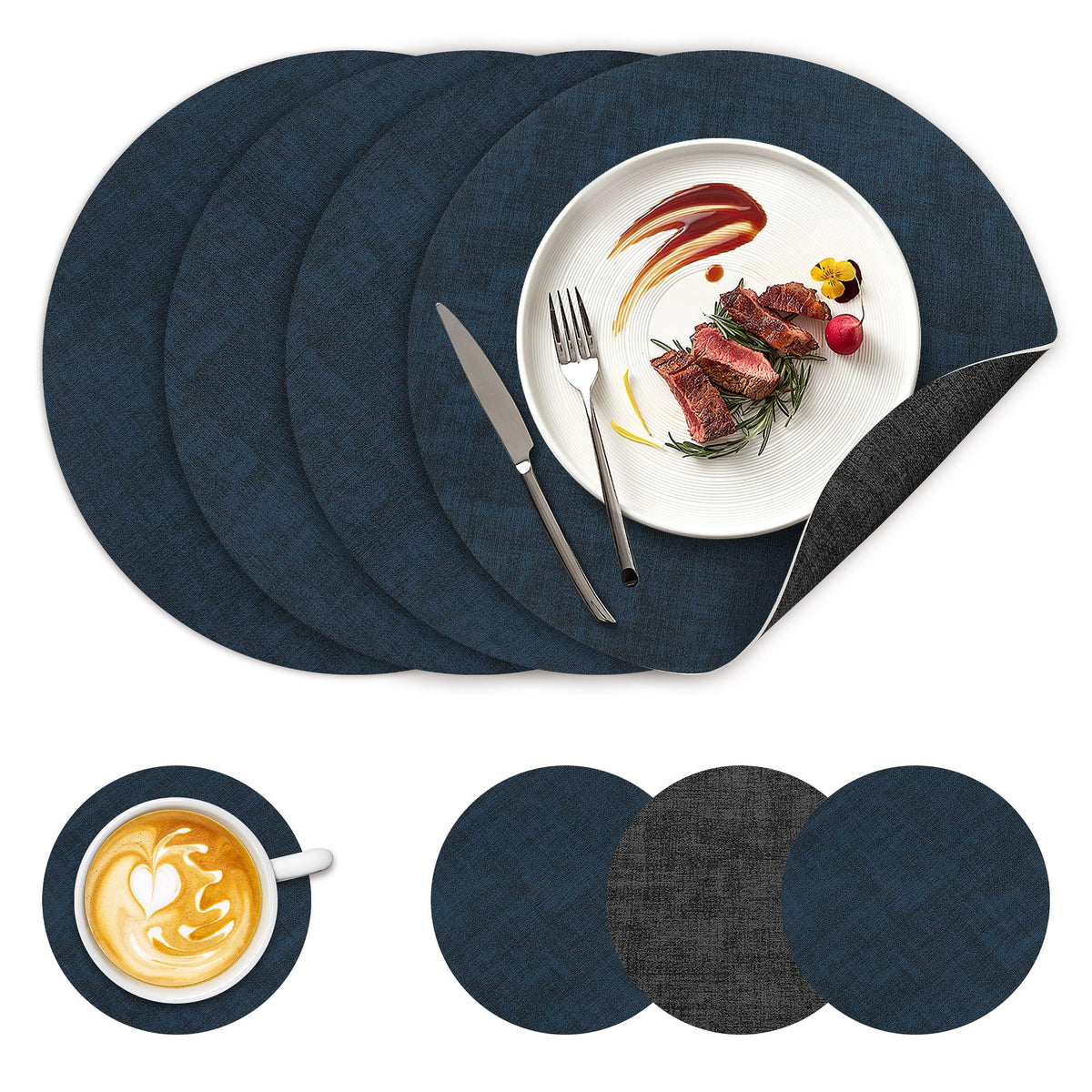 NCUE 13" Faux Leather Round Placemats Set of 6, Reversible Dual-Color