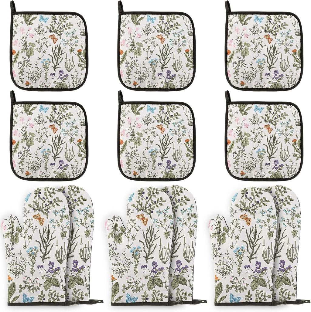 Zhehao 12 Pack Vintage Floral Oven Mitts and Pot Holders, 6 Pcs Non-Slip Heat Resistant Kitchen Oven Gloves, 6 Pcs Cute Botanic Wild Flowers Pads for Cooking Baking Grilling BBQ