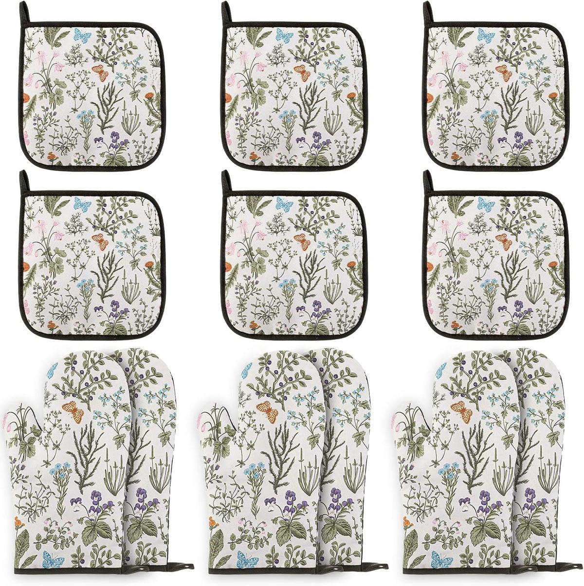 Zhehao 12 Pack Vintage Floral Oven Mitts and Pot Holders, 6 Pcs Non-Slip Heat Resistant Kitchen Oven Gloves, 6 Pcs Cute Botanic Wild Flowers Pads for Cooking Baking Grilling BBQ