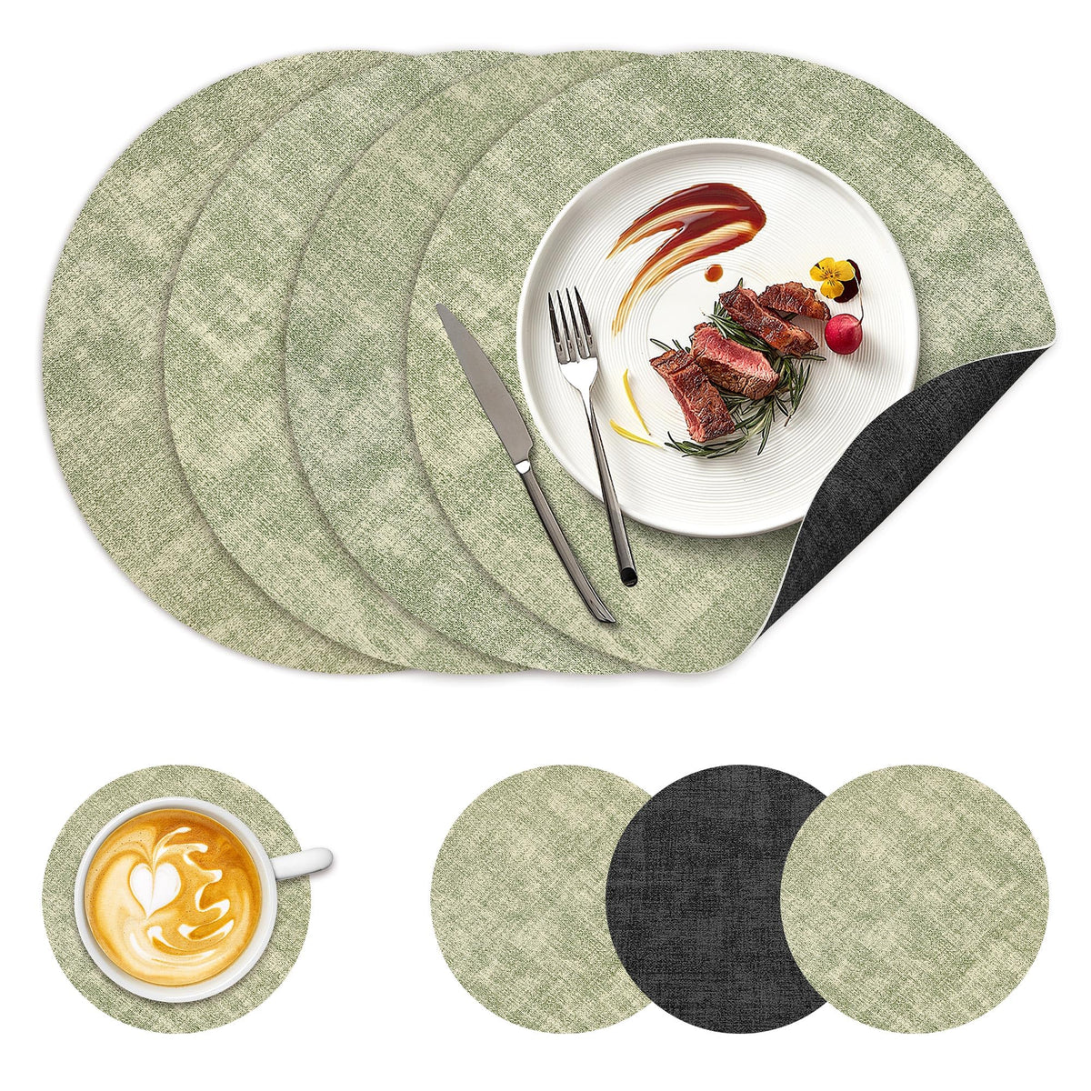NCUE 13" Faux Leather Round Placemats Set of 6, Reversible Dual-Color