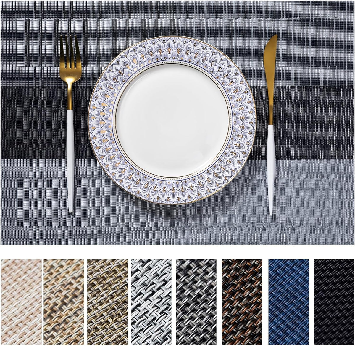 LEXMORE Placemats Set of 4 Vinyl/Plastic Woven Place Mats for Kitchen Table Indoor/Outdoor Washable Placemat Wipeable Dining Table Mats(Navy Blue)