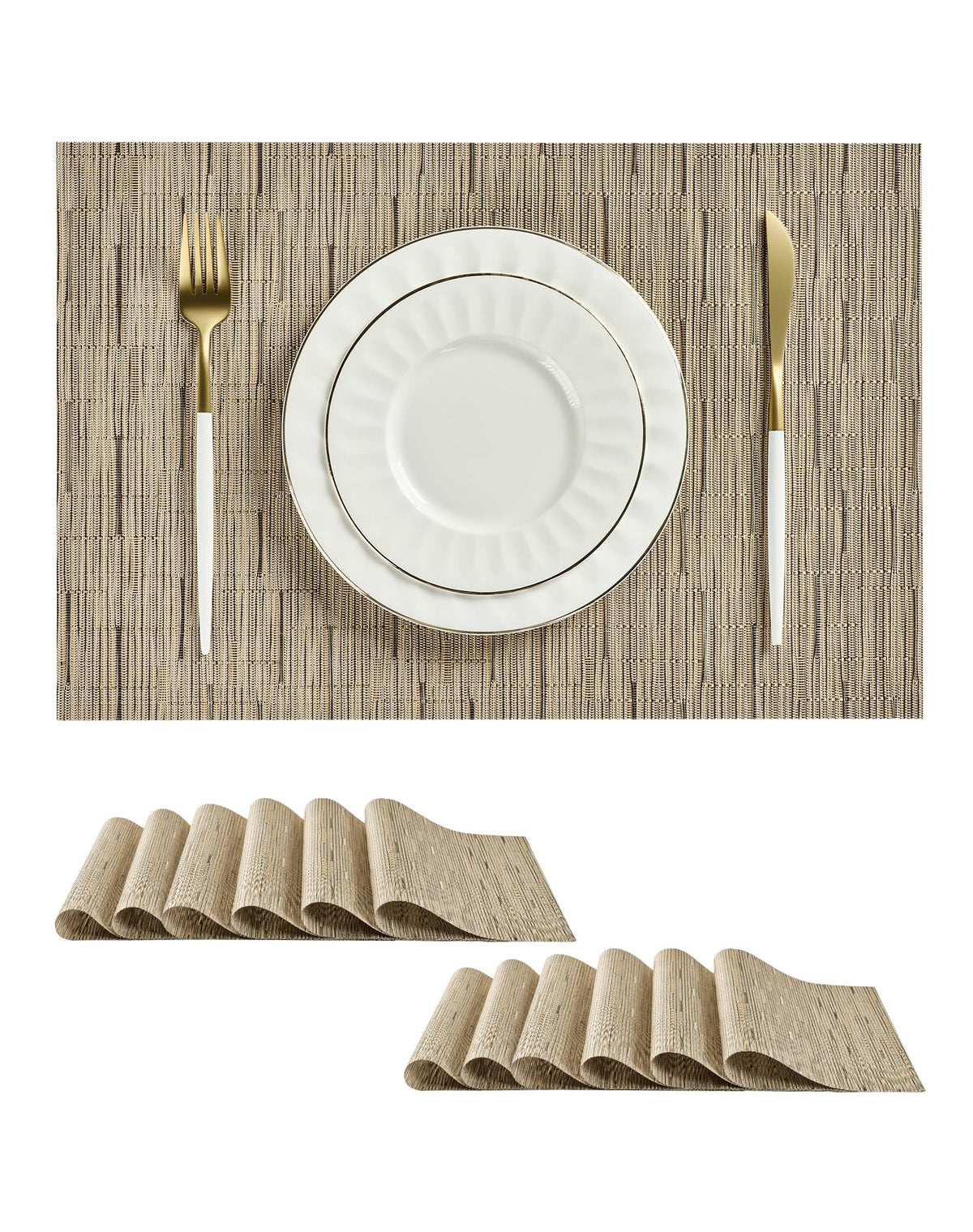 Beige Placemats Set of 6 - Heat-Resistant, Non-Slip Table Mats, Washable Woven Vinyl for Indoor & Outdoor Dining