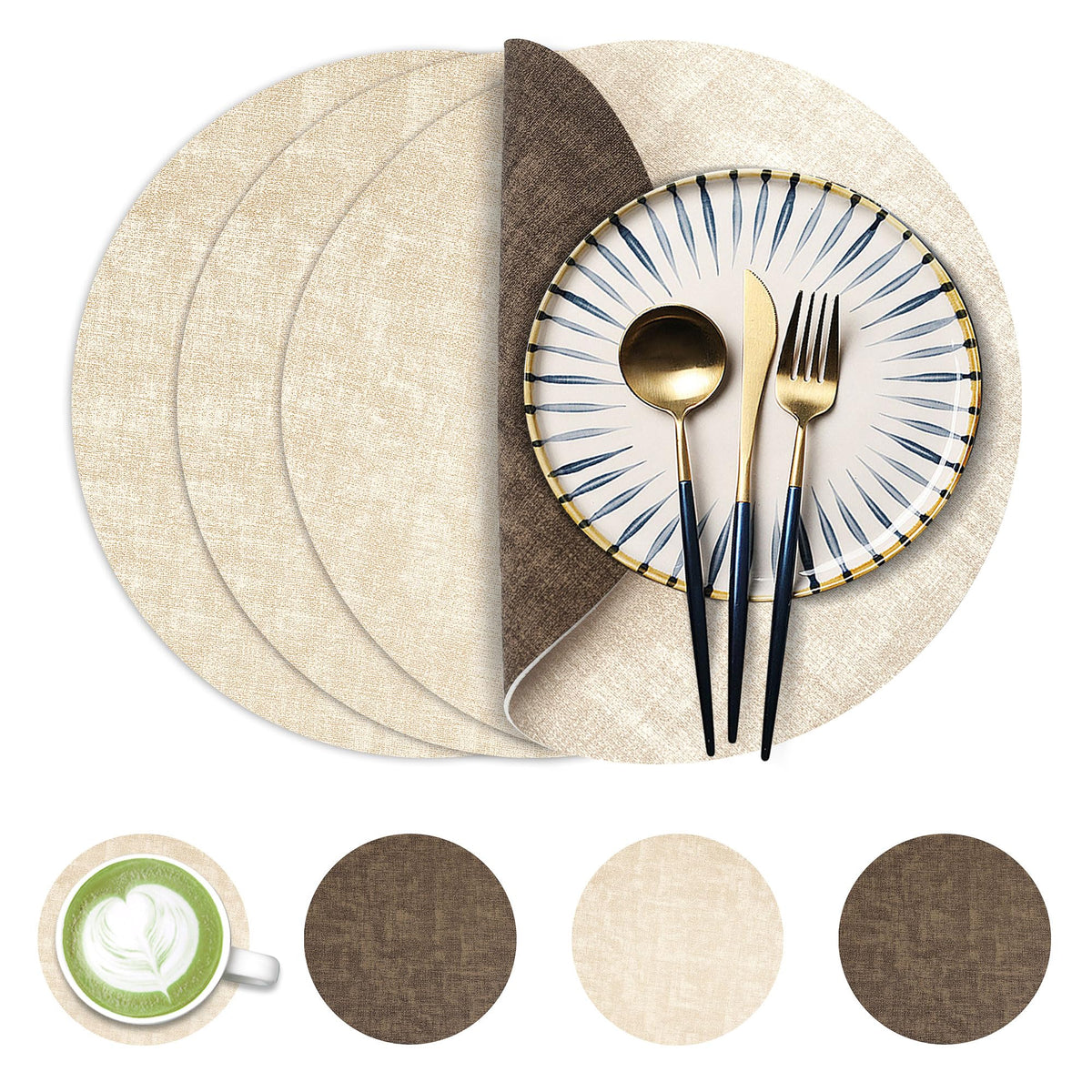 Fyvva Placemats Set of 4, 13" Round Reversible Faux Leather with Coasters