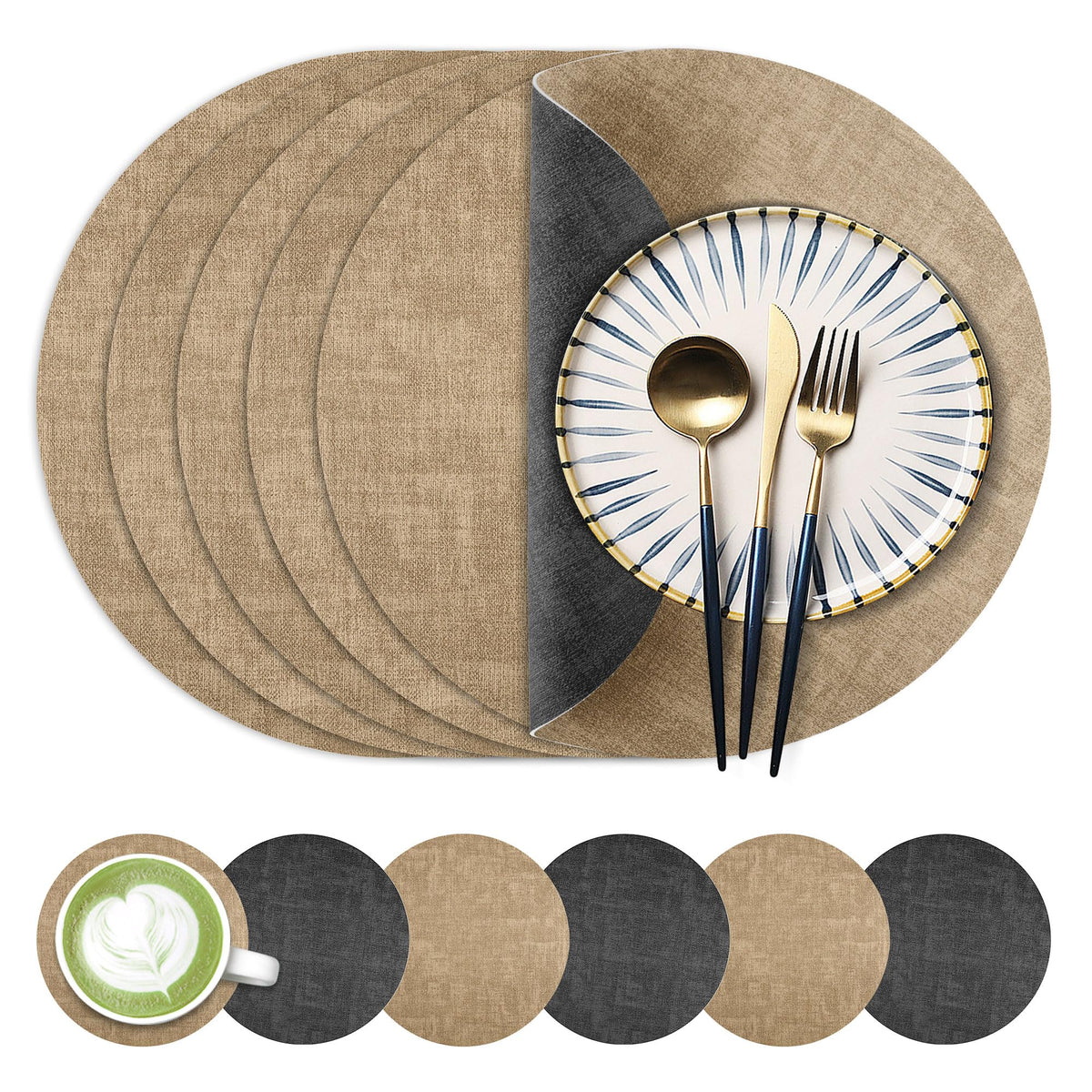 Fyvva Placemats Set of 4, 13" Round Reversible Faux Leather with Coasters