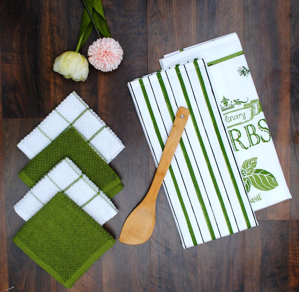 AMOUR INFINI Cotton Kitchen Towels and Dishcloths 6 Piece - 4 Terry Dishcloths (12” x 12”) and 2 Cotton Kitchen Towels (28” x 18”) for Gifting and Decor (Herbs Garden)