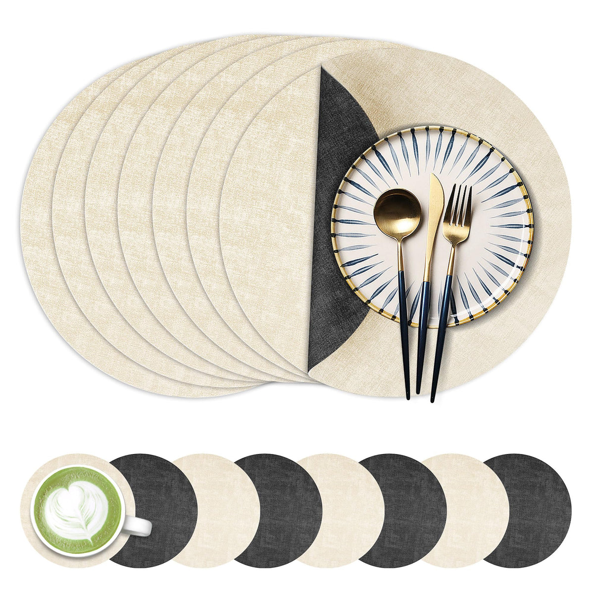 Fyvva Placemats Set of 4, 13" Round Reversible Faux Leather with Coasters