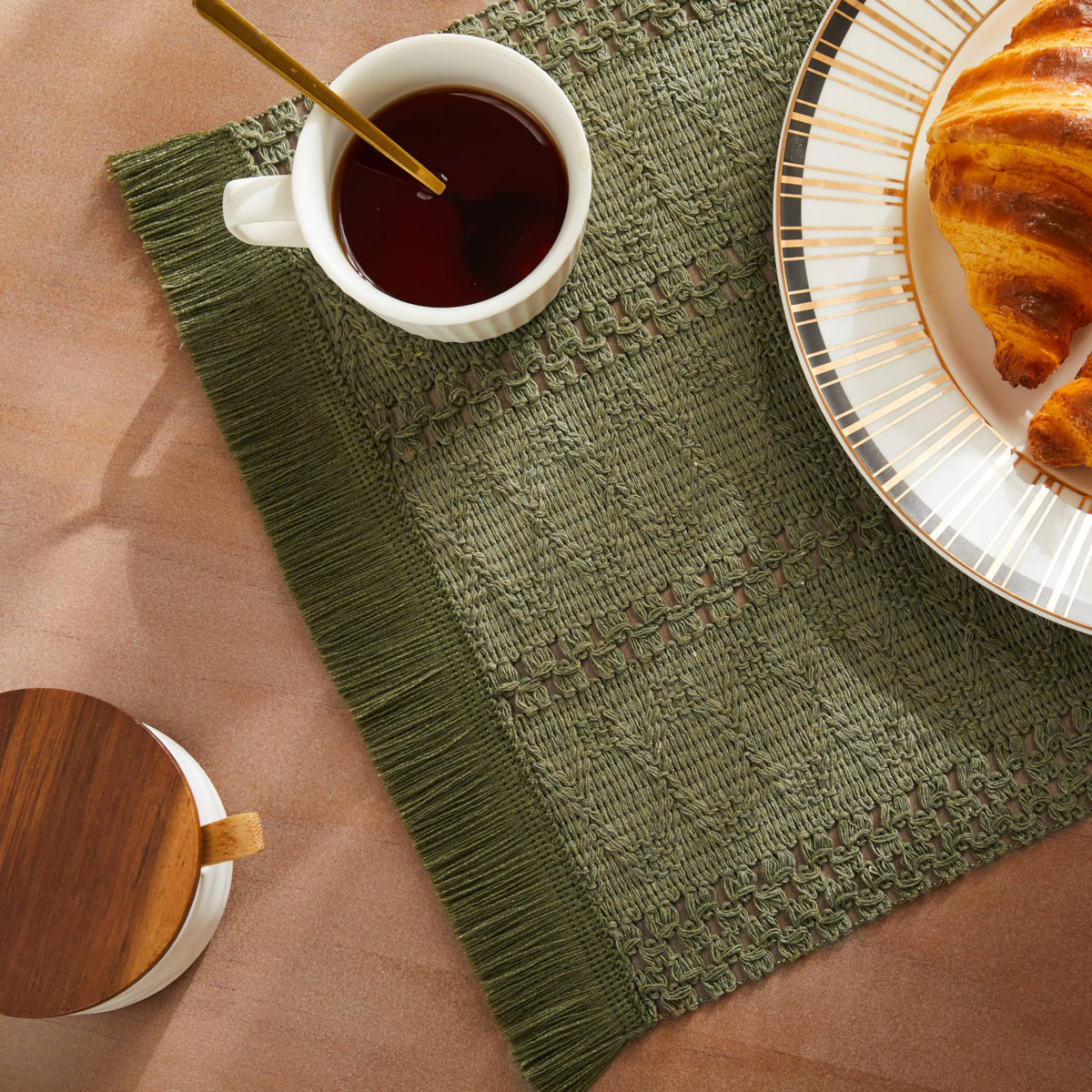 ZeeMart Macrame Style Boho Placemats Set of 4, Olive 12x20 Inch