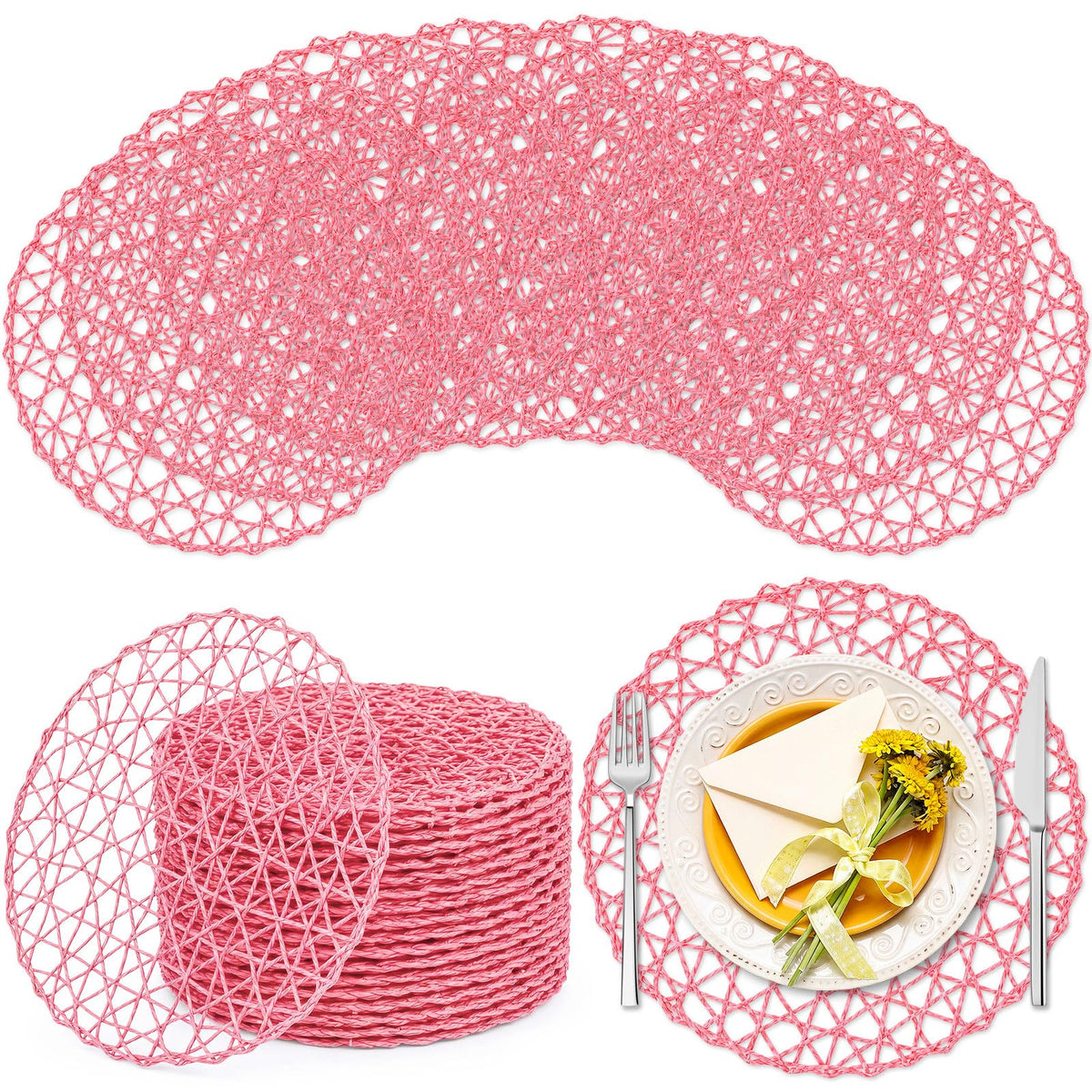 Threehoney Paper Braided Round Placemats, Set of 24, Brown, 13 in